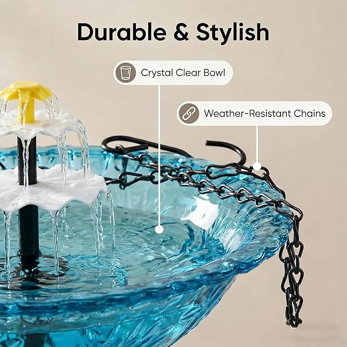 Solar Hanging Bird Bath with Fountain Cascade, Solar Powered Cascade Hanging Bird Bath Fountain with Solars Pump,for Outdoor and Gardens (Pink)
