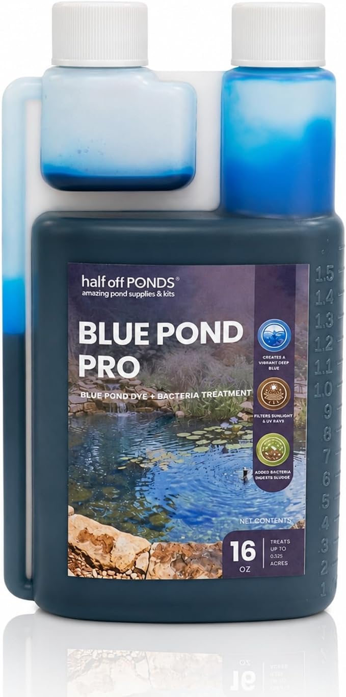 Blue Pond Dye for Clear Water & Sunlight Control, 16 oz | Deep blue tint, shades water to reduce sunlight, won't stain when diluted, fish and plant safe, enhances pond appearance