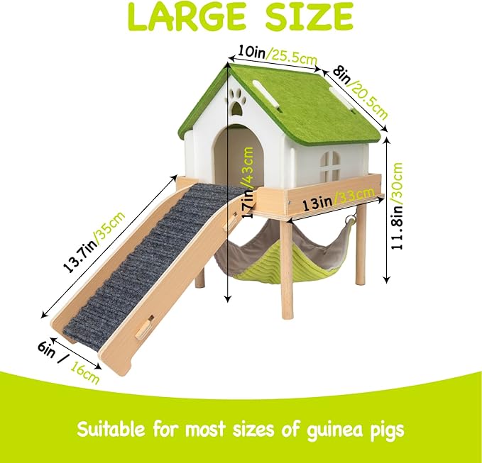 BESNEW 3 in 1 Enlarged Guinea Pig Hammock,Wooden Guinea Pig Hideout with House & Platform & Stairs Small Animal Toys for Hiding Sleeping Activities
