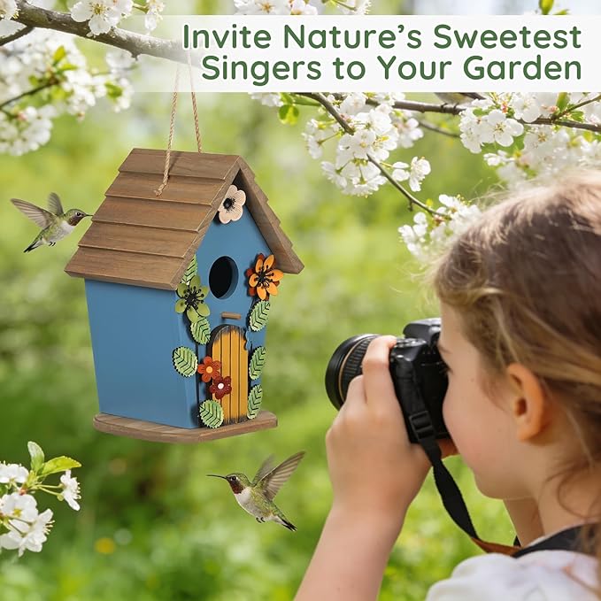 Bird Houses for Outside,Wooden Blue Birdhouse,Decorative Birdhouses for Outdoors,Hanging Bird Houses,Bird Box Nest,Humming Bird House for Outside,Bird Gifts for Bird Lovers