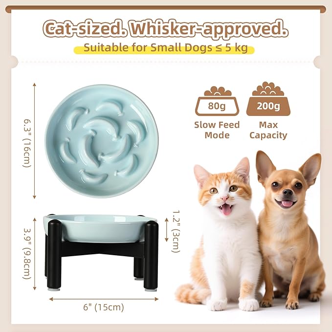 Elevated Slow Feeder Cat Bowl - Ceramic Cat Food Dish with Anti-Slip Stainless Steel Stand - Raised Maze Plate for Slow Eating - Pale Blue