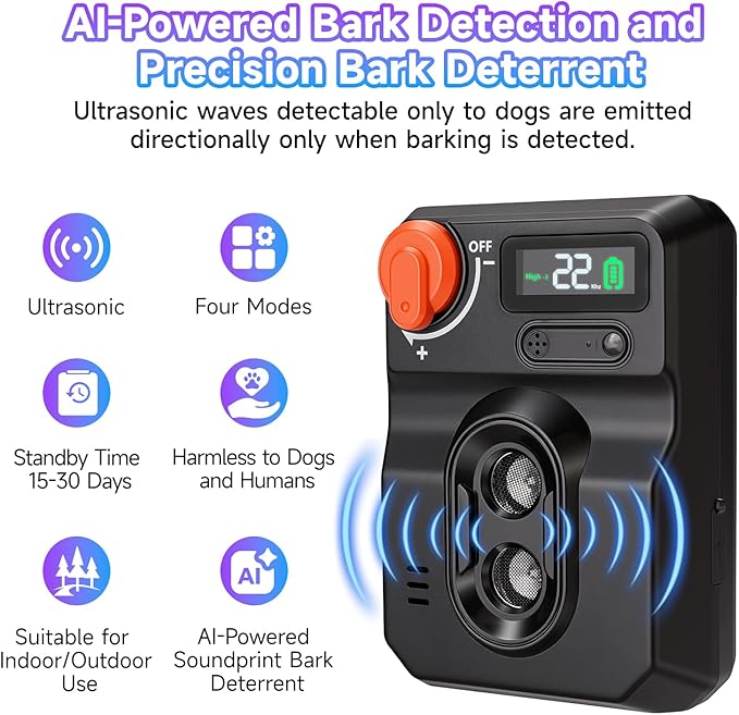 Anti Barking Device for Dogs, Ultrasonic Dog Bark Deterrent Devices, stop barking dog devices- 50Ft Range, 4 modes to suit all types of dogs, Activates Only for Real Barks, Safe Indoor/Outdoor Use