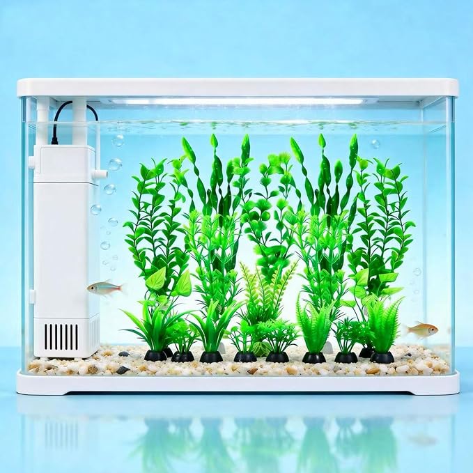 Artificial Aquarium Plants Set, Plastic Fish Tank Decorations, Fish Tank Decor for Betta Goldfish (18pcs-Green)