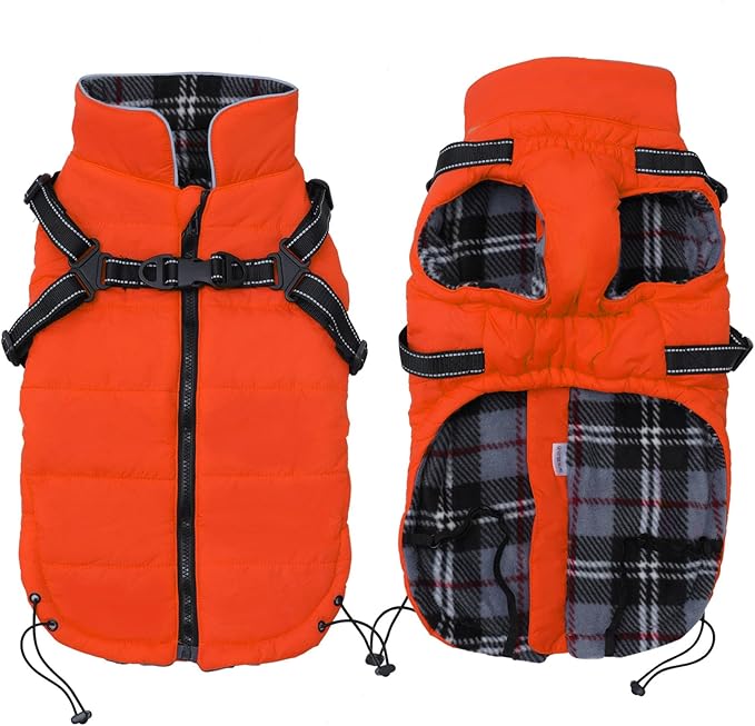 Geyecete Winter Warm Coat Waterproof Dog Winter Jacket with Harness Traction Belt,Pet Outdoor Jacket Dog Autumn and Winter Clothes for Medium, Small Dog-Orange-L