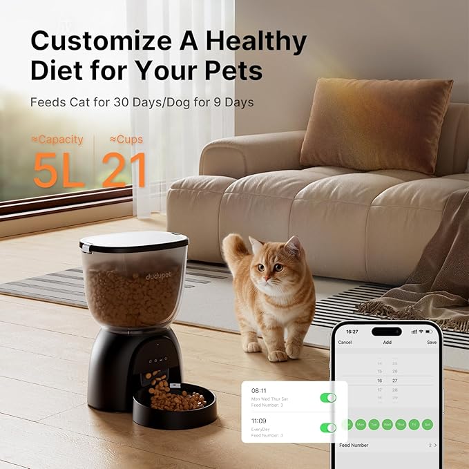 Automatic Cat Feeder WiFi, 5G App Control Timed Cat Dry Food Dispenser with Remote Feeding, 5L Auto Pet Feeder up to 10 Meals 1-15 Portion Control per Day, Auto Dog Feeders for Indoor Use