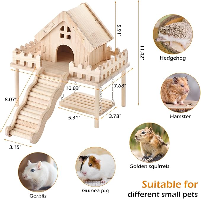 Hamster Wooden House with Platform,Ramp & Swing - Natural Wood Play Set forSyrian Dwarf Hamsters, Gerbils, Mice,Small Animals Cage Accessories