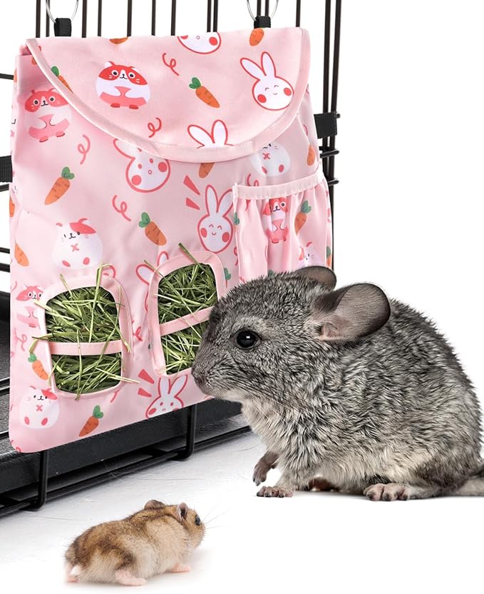 Bissap Rabbit Hay Feeder Bag, 2 Holes Hanging Hay Feeder Guinea Pig Hay Bag with Side Pocket for Rabbits Bunny Chinchillas Hamsters Rats and Other Small Pets Small Animal - Pink