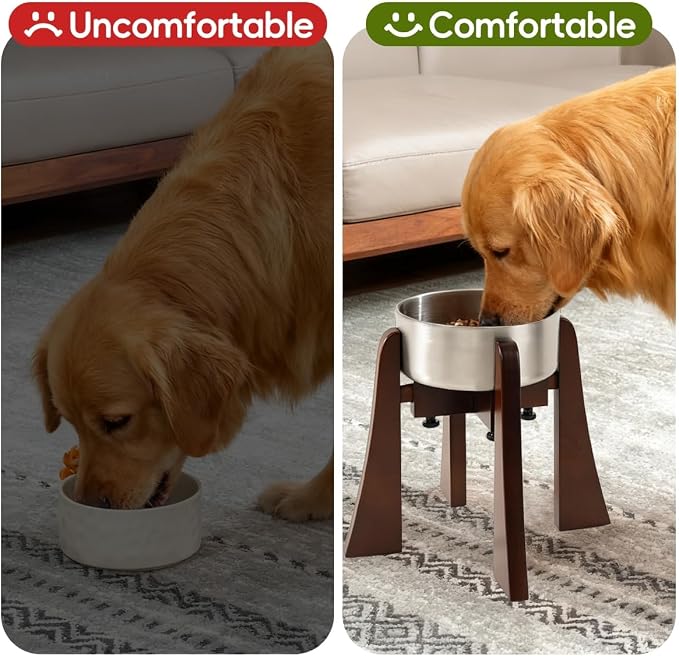 Elevated Bowl Stand Set 12-inch with Heavy Duty Beech Wood Made, Anti-Vomit Design for Medium Breed, Senior Dogs, Ergonomic Neck Protecting, Adjustable Diameter, Easy Clean Non Toxic