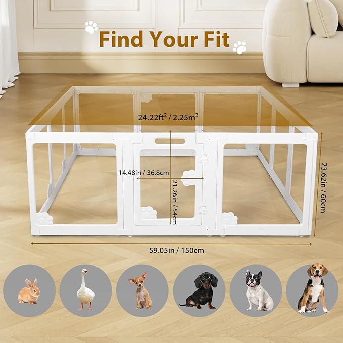 Clear Acrylic Dog Playpen Indoor with Door - Easy to Assemble Foldable Pet Playpen for Small Dogs, Cats, Rabbits, Ferrets - Small Animal Whelping Crate Kennel Fence