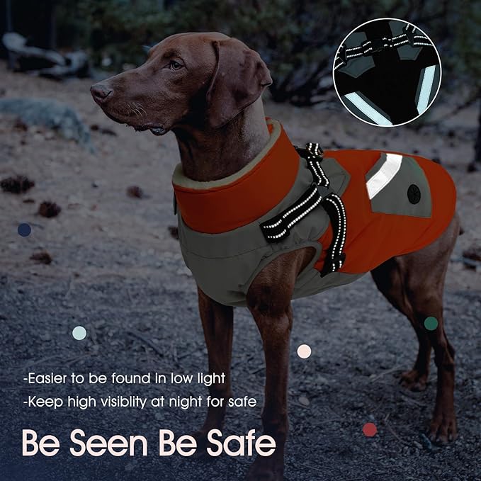 IECOii Dog Jacket Winter Harness Built in -Orange,XXXLarge- Zip Up Dog Coat Winter Clothes for Large Dogs Waterproof, Dogs Snowsuit Snow Jacket D-Rring Labrador German Shepherd Doberman Rottweiler
