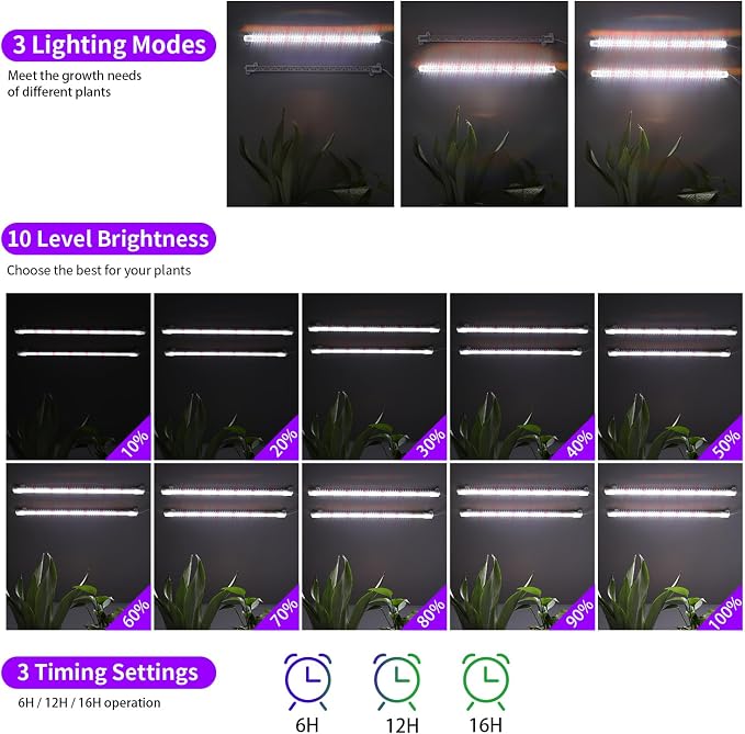 LED Grow Light Strips for Indoor Plants, 16‘’ Full Spectrum 240 LEDs with 4 Install Methods, 6/12/16H Timer, 10 Dimmable Levels, 3 Switch Modes for Seedling Succulent Sunlike Strip (2 Head 2 Pack)