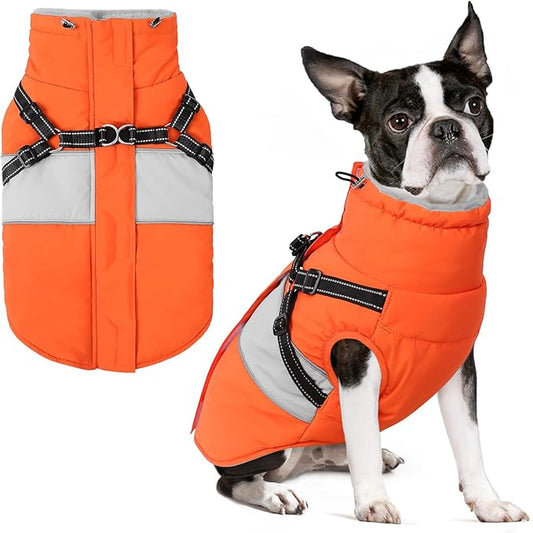 Small Dog Coat with Harness Built in, Warm Dog Jacket Winter with Zipper On Back, Waterproof Pet Snow Jacket Snowsuit Pet Sweater Clothes for Puppy, Orange XS