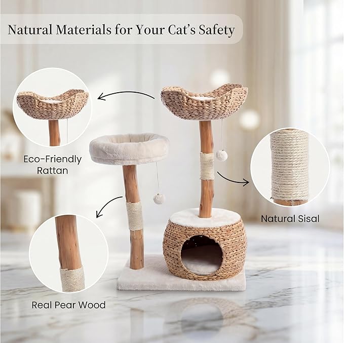 Leo & Lexi Modern Cat Tree Tower with Cave, Real Wood Cat Scratching Post with Bed for Indoor Cats Large Adult, Solid Wooden Climbing Tower, Cute Condo, Aesthetic Stand, Boho Luxury Pet Furniture