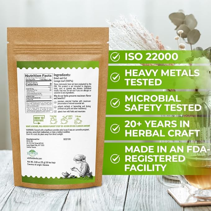 50 Bags Lovage Leaf Herb Tea (Levisticum Officinale) – 50 Count 1.5g Herbal Bags Hoja De Levístico