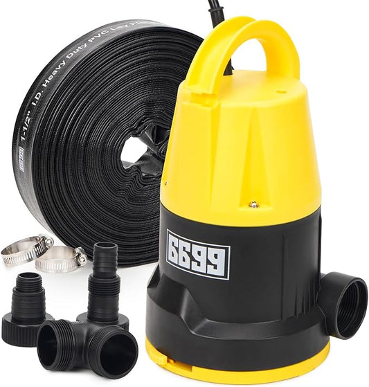 Submersible Sump Pump 5000GPH High Flow with 25FT x 1-1/2” Discharge Hose Drain Water Pump Kit 1HP Portable Utility Pump Easy to Use for Flooded Basement Rain Barrel