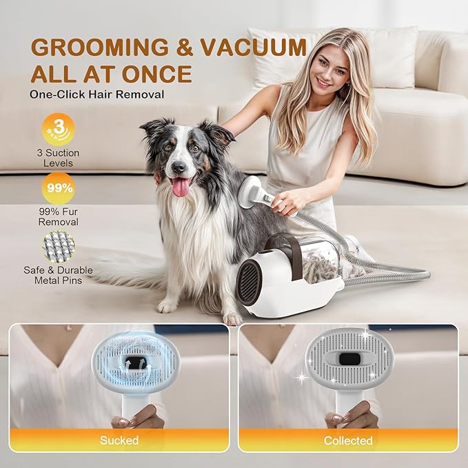 Dog Grooming Vacuum, Dog Grooming Kit with Pet Clipper Nail Grinder, 3 Suction Modes Dog Brush Vacuum with 6 Pet Grooming Tools (tan)