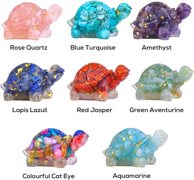8PCS Crystal Turtle Figurine Set for Teens- Handmade Sea Turtle Resin Decor for Home, Office & Fish Tank, Healing Crystal Animal Statues for Desk, Shelf or Meditation Space Gift