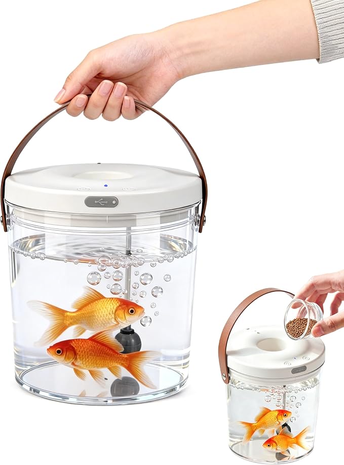 Betta Fish Tank Small Aquarium: 1.2L Portable Plastic Bowl Desktop Fishtank | Mini Beta Tank Kit Critter Keeper Transport Cage Container Travel Carrier Catch and Release for Beach Office Display