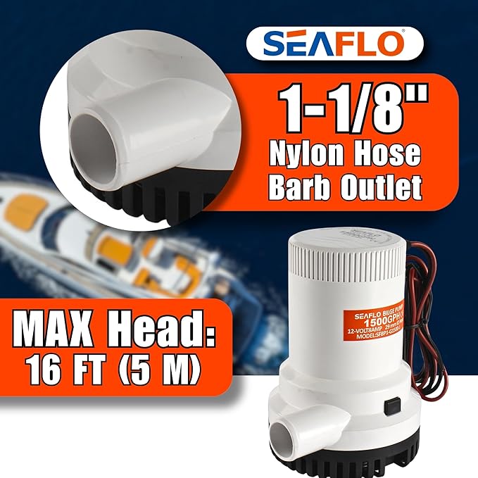 SEAFLO 01 Series 1500 GPH Bilge Pump – 12V, 1-1/8" Outlet, Marine Submersible Pump with Anti-Airlock Protection, CE & Rohs Certified, 4-Year Warranty | Reliable for Boats and Marine Applications