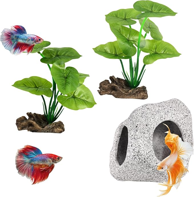 3pcs Fake Fish Tank Decor Set, Silk Realistic Aquarium Plants with Hideaway Rock Cave Fish Tank Accessories for Betta Goldfish Turtle Aquarium Decorations