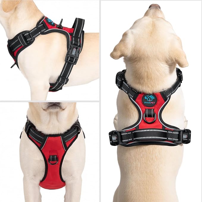 PHOEPET Reflective Dog Harness No Pull Large Breed Vest with 2 Metal Leash Attachment Hooks(XL, Red)