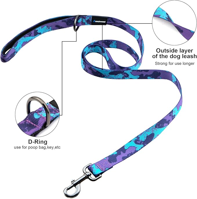 Annchwool No Pull Dog Harness with Padded Handle+5 Ft Leash,Escape Proof and Quick Fit to Adjust Dog Harness,Easy for Training Walking for Small & Medium and Large Dogs(Camo Purple Set,S)