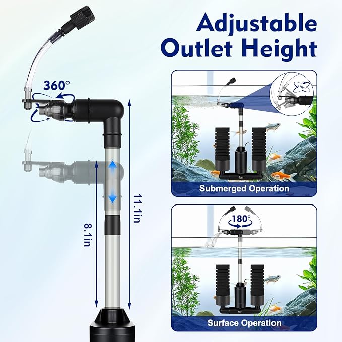 AQQA Electric Sponge Filter for Aquarium, Quiet USB Powered Sponge Filter | for 15-55 Gal Fish Tank with Bio Ceramic Media, Shrimp Fry Safe Breeding Filter, Adjustable 360° Outflow, Submersible Filter