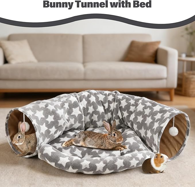 BWOGUE Bunny Tunnel Bed, 2-in-1 Collapsible Tunnel Tubes Toys with Removable Mat Hideout for Cats Kittens Rabbits Guinea Pigs Kitty (Greystar)