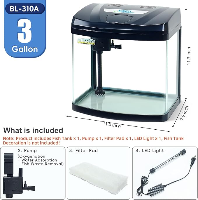 3 Gallon Glass Aquarium Betta Kit with Flip-Top Port | 3 Gal glass tank with flip-top port. Built-in air pump & LED light. 360° clear view, complete starter kit for betta tank