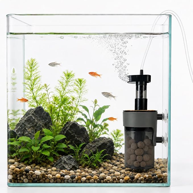Air-Driven Aquarium Filter with Ceramic Balls, Small | 5-15 Gal Fish Tank Sponge Filter, Ultra Quiet Aeration & Water Circulation for Breeding Fry Betta Shrimp Fish Tank