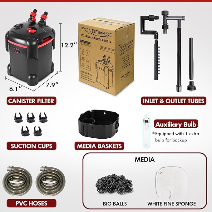 PONDFORSE Canister Filter, External Aquarium Filter Ultra-Quiet Water Circulation Cleaning Machine with Media for Fish Tanks and Aquariums
