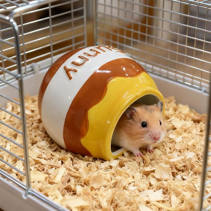 WishLotus Ceramic Hamster Hideout, Cute Honey Jar Shaped Hamster House, Large-Opening Small Animal Hideout, Small Animal Hideout Habitat Decor for Dwarf Hamsters Gerbils Chinchilla (Yellow-Brown)