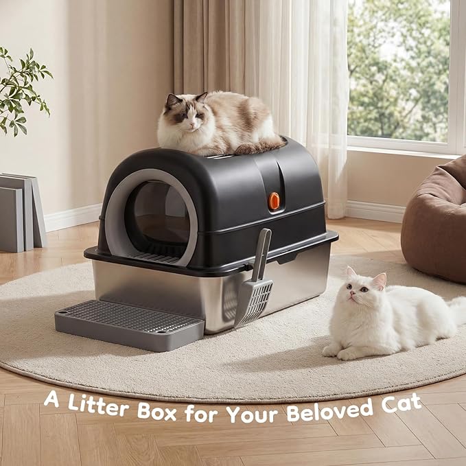 OLIXIS Stainless Steel Litter Box with Lid, Extra Large Enclosed Cat Litter Pan for Big Cats, High Sided Cat Box with Scoop & Mat, Front & Top Entry, Black