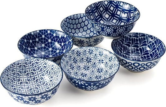 AntoKueh Blue and White Ceramic Bowls Set of 6, 10 oz Small Dessert bowl 4.7in for ice cream, Snack, Porcelain bowl for Dipping, Microwave & oven Safe