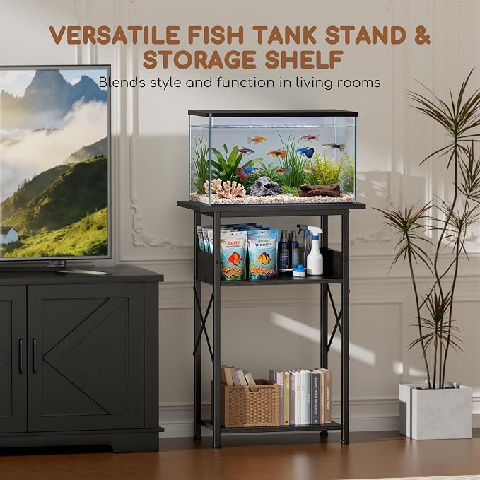 5-10 Gallon Fish Tank Stand with Storage Shelves, 3-Tier Aquarium Stand with Rust-Proof Metal Frame, Heavy Duty Waterproof Reptile Turtle Tank Stand for Home Office Up to 150LBS, 21.5" L x 11.5" W x 30" H, Black