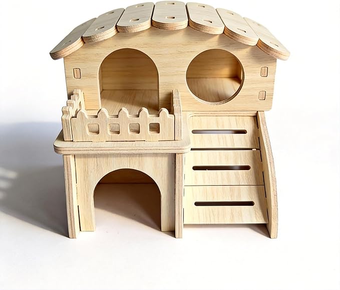 Multi-Chamber Hamster Hideout & House, Natural Wood Small Animal Cage Accessories for Dwarf Hamsters, Gerbils and Mice – Ventilated Design with Structure (Model 2)