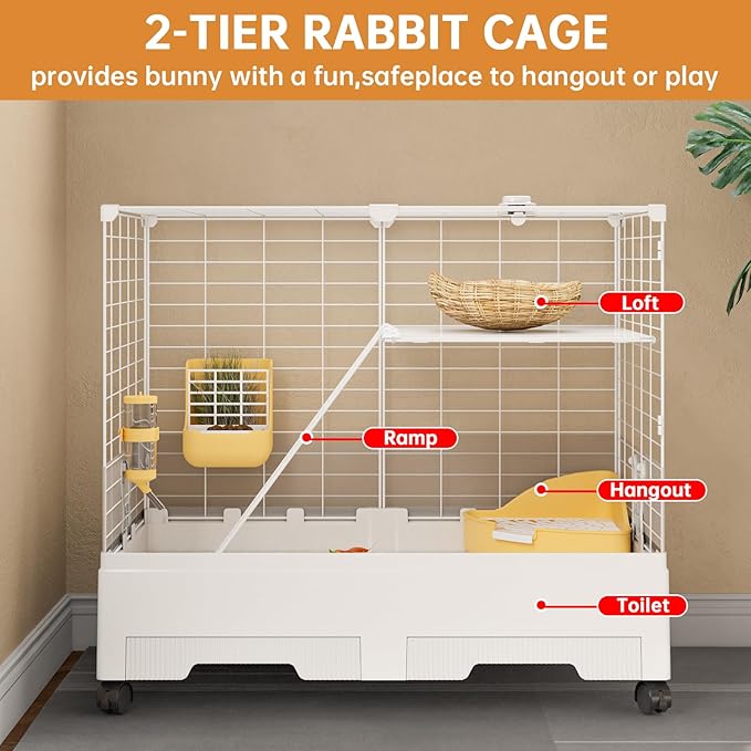 Oneluck Rabbit Cage Indoor,Loft Bunny Hutch with Urine-Proof Wall,Leak-Proof Trays, Wheels 28.7" L x 18.1" W x 25.6" H for Rabbits Chinchillas, Guinea Pig and Small Animal (Small)