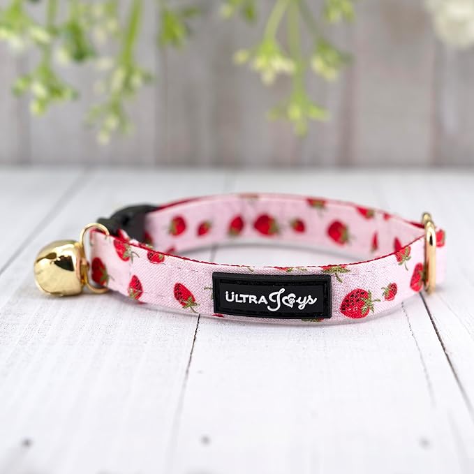 Ultra Joys Breakaway Cat Collar with Bells - Kitten to Large, Boy & Girl Cat Collars with Bandana and Bowtie Strawberry Pattern