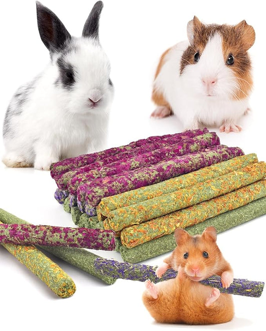 Bissap 22PCS Rabbit Chew Sticks, Mixed Natural Flower Rose Dahlberg Daisy and Forget-me-not Timothy Hay Chew Toys Treats for Rabbit Bunny Chinchilla Guinea Pig Hamster Other Small Animals Molar Snacks