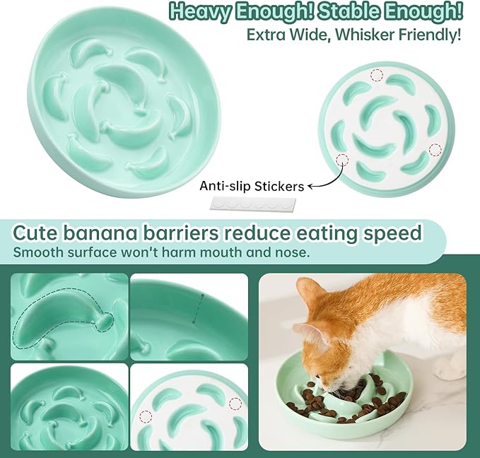 Ceramic Cat Slow Feeder Bowl - 6.3'' Wide Opening Whisker Friendly Cat Plate for Dry and Wet Food - Cute Maze Feeder Dish Helps Reduce Vomiting - Microwave and Dishwasher Safe - Green