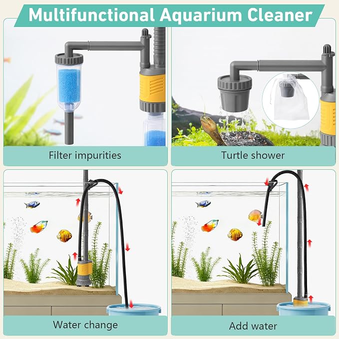 Aquarium Vacuum Gravel Cleaner, 8 in 1 Removable 20W Fish Tank Cleaner | Gravel Vacuum for Aquarium, Strong Suction for Change Water Wash Sand Clean Algae Water Circulation and Adjustable Length