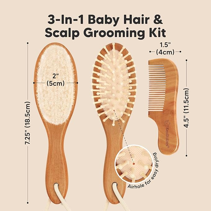 Baby Hair Brush Set for Newborns - Soft Goat Bristle Wooden Baby Brush and Comb Set Newborn Grooming Kit for Cradle Cap, Durable & Gentle, Boy, Girl Infant Essentials Care Kit (Regular, Golden Oak)