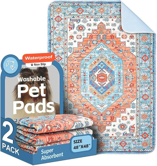 Washable Pee Pads for Dogs, 2 Pack Reusable Puppy Training Pads 48"x48" Super Absorbent Waterproof Dog Training Pads, Non-Slip Potty Pads, Whelping Pads Litter Mat Orange/Mix