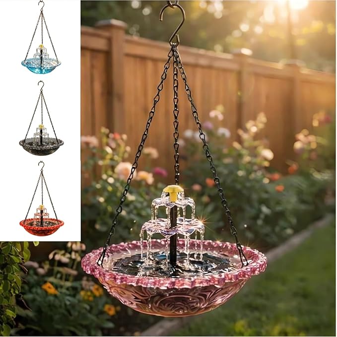 2026 Solar Cascade Hanging Bird Bath Fountain - 3 Layers Outdoor Water Feature for Hummingbirds, Easy-Clean 9.3" Glass Basin with Solar Powered Pump, Attract Wild Birds to Garden, Patio (Pink)