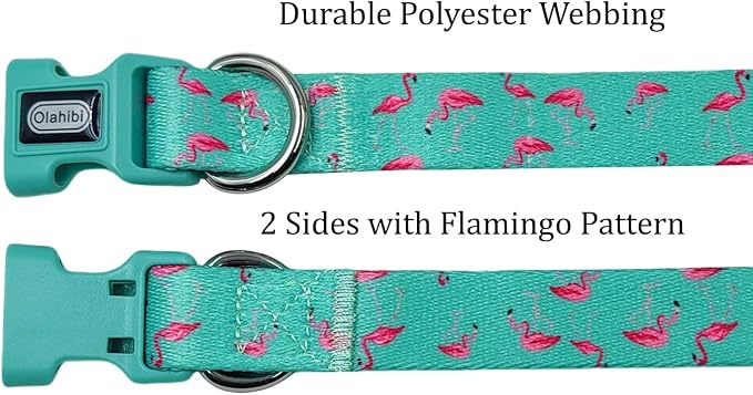 Dog Collar Leash Set, Flamingo Pattern, Polyester Material, Adjustable Collar and 5ft Matching Leash, for Small Dogs.(S, Green Flamingo)