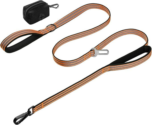 WINGOIN Dog Leash for Large Medium Small Dogs, Heavy Duty Dog Leashes with Double Handle, Poop Bag Holder, Car Seat Belt Buckle, Reflective Tactical Pet Lead for Walking, Training (Orange, 6FT)