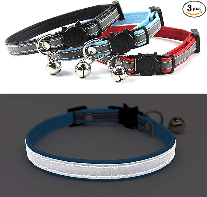 KUDES 3 PCS Breakaway Cat Leather Collars, Reflective Safety Buckle Kitten Collar with Bell for Cat Kitty and Small Animals, Adjustable from 7.5in-12.5in (3 Colors)