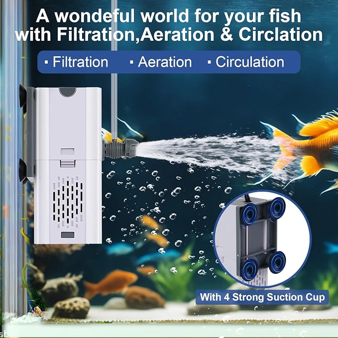 132 GPH 4-In-1 Aquarium Filter, 20-40 Gallon Fish Tank Filters (7 W) | Fish Filter, Filtration And Oxygenation, Filter for Fish Tank with Biochemical Cotton, Multi-Functional Turtle Tank Filter