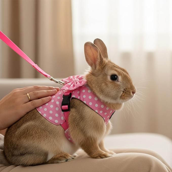 Bunny Harness and Leash Set, Escape Proof, Soft Breathable Mesh Rabbit Leash Vest with Safety Buckles, Pink Wave Point Breathable Bunny Clothes, Outfits for Outdoor Training Camping, Pink, S