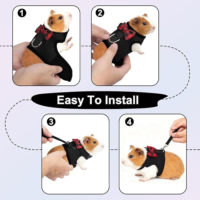 Guinea Pig Harness and Leash，2packs Guinea Pig Clothes Baby Ferret Rats Hamster Soft Mesh Harness Leash for Decoration，Hamster Harness can be Adjusted to Any Size. (Black + Green)